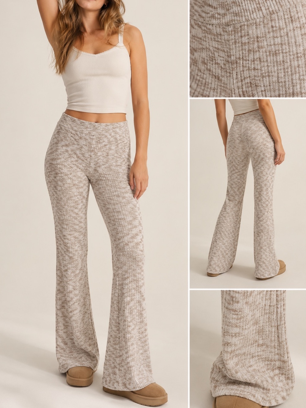 aerie Ribbed Flare Lounge Pants in Heather Beige-Taupe S